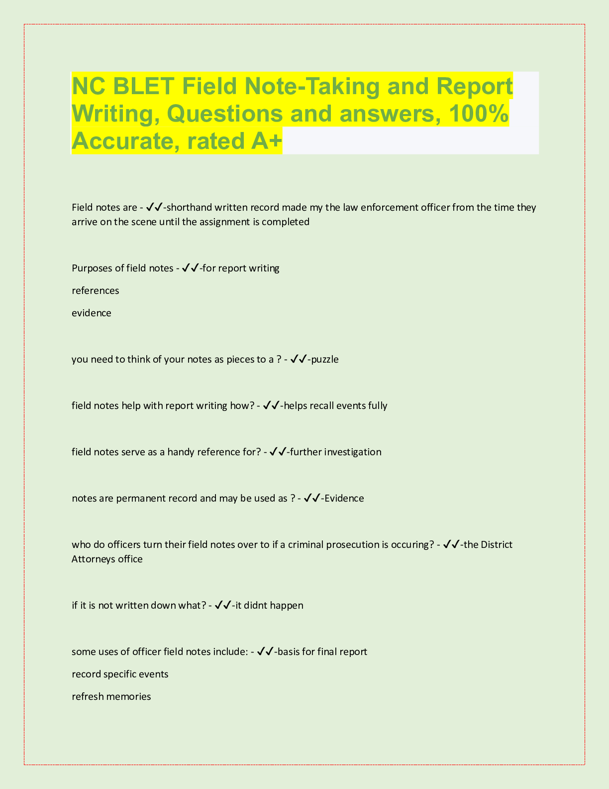 Preview image for NC BLET Field Note-Taking and Report  Writing, Questions and answers, 100%  Accurate, rated A+
